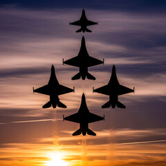 Illustration of a stunning display of aerial acrobatics as five fighter jets soar through the vibrant sunset sky, their silhouettes creating a captivating and powerful image of aviation prowess