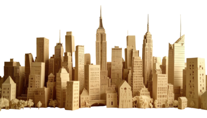 Cityscape of simplified skyscrapers, resembling a crafted paper model, with golden warm lighting and black backdrop