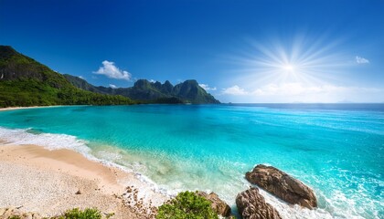 Fototapeta premium Sun Drenched Beach Turquoise Water Majestic Mountains Water Nature