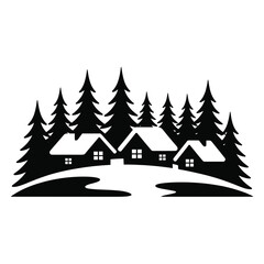 Obraz premium Snowy Forest Winter Village Silhouette Vector Black Minimal Flat Design White Background