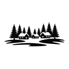 Obraz premium Snowy Forest Winter Village Silhouette Vector Black Minimal Flat Design White Background