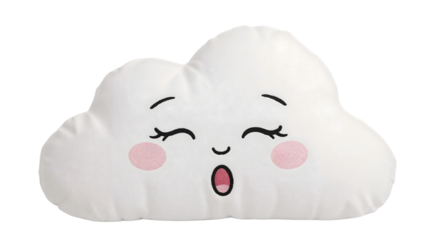 Cute cloud pillow with sleepy face and pink cheeks for kids' bedroom or nursery decor, soft and adorable cushion accent