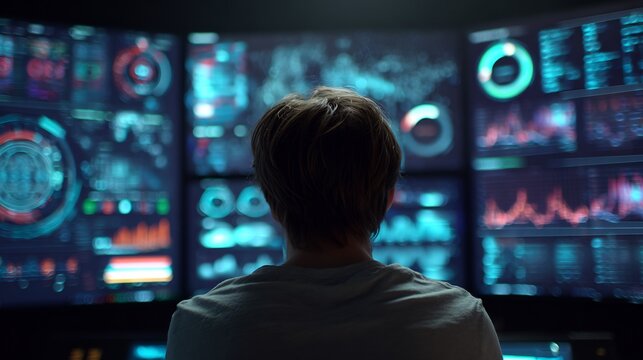 Over shoulder view of a data scientist analyzing complex 3D holographic data visualizations in a futuristic control room neon glow tech innovation concept