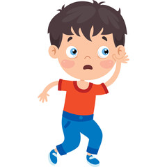 Cartoon boy in an orange t-shirt and blue jeans with wide eyes and raised hand expressing surprise and fear in a light blue background with no discernible patterns.