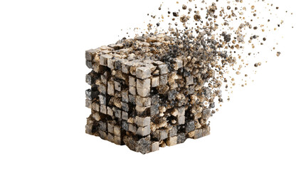 Crumbling cube Constructed from small, textured blocks; partially disintegrated, revealing scattered particles on a black background