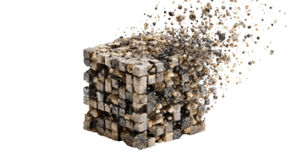 Crumbling cube Constructed from small, textured blocks; partially disintegrated, revealing scattered particles on a black background