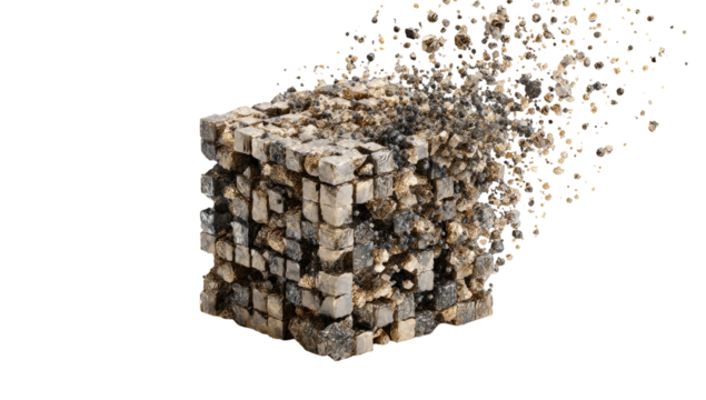 Crumbling cube Constructed from small, textured blocks; partially disintegrated, revealing scattered particles on a black background