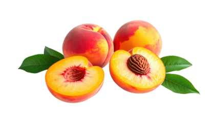 Close-up of two whole peaches and two halved peaches with leaves against a black background