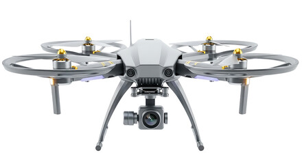Modern white quadcopter drone with camera gimbal and propellers isolated against a stark black background for technology and aerial photography concepts