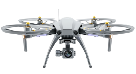Modern white quadcopter drone with camera gimbal and propellers isolated against a stark black background for technology and aerial photography concepts