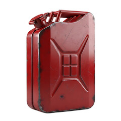 Vintage red metal jerrycan fuel container with rugged texture and classic design isolated on a dark background for outdoor adventure and emergency preparedness themes