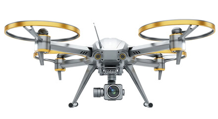 Close up front view of a sophisticated professional drone with a gimbal mounted camera and four propellers against a stark black background