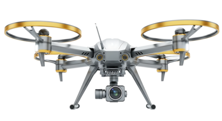 Close up front view of a sophisticated professional drone with a gimbal mounted camera and four propellers against a stark black background