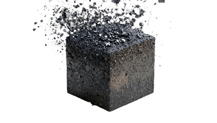 A cube-shaped section of black earth and rock, fractured and partially disintegrating on a transparent background