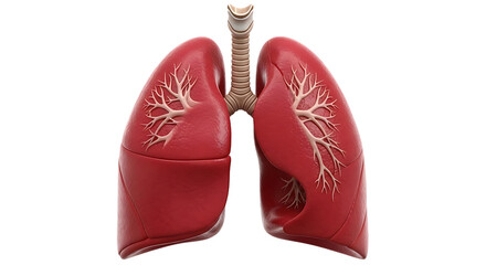 Detailed anatomical illustration of human lungs and trachea showing bronchioles and alveoli with a dark tumor growth visible inside the left lung cavity