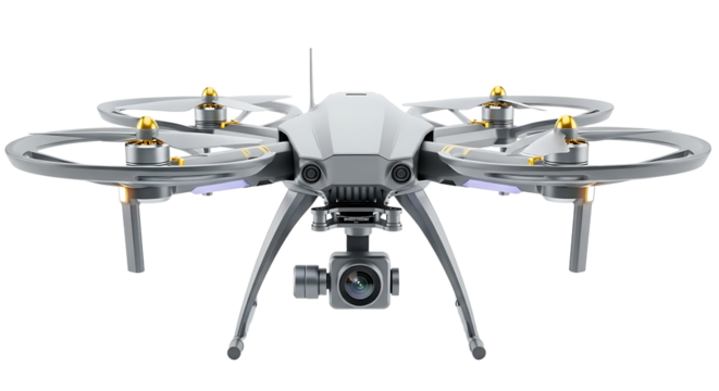 Modern white quadcopter drone with camera gimbal and propellers isolated against a stark black background for technology and aerial photography concepts