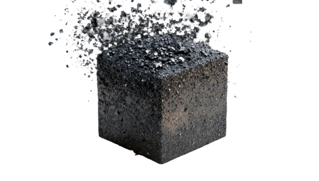 A cube-shaped section of black earth and rock, fractured and partially disintegrating on a transparent background
