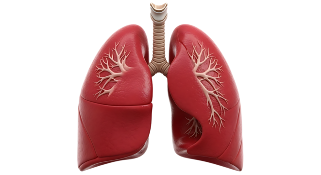 Detailed anatomical illustration of human lungs and trachea showing bronchioles and alveoli with a dark tumor growth visible inside the left lung cavity