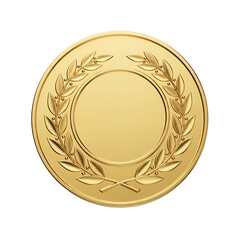 A close up isolated shot of a golden medal with a blank circular space in the center surrounded by a detailed laurel wreath on a stark black background