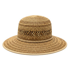 A finely woven straw sun hat with a wide brim and decorative woven band around the crown isolated on a black background