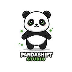 Adorable panda with bright eyes and studio logo