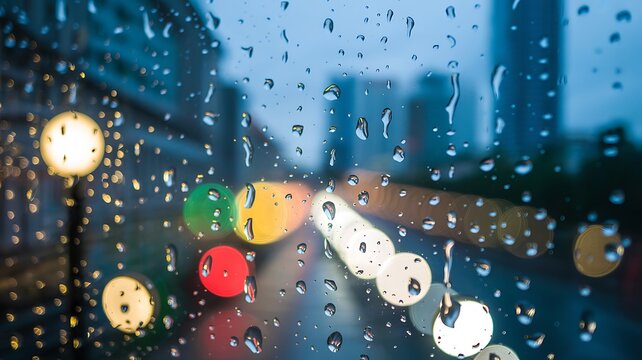 Raindrops on a windowpane blur the city lights and street traffic during a moody atmospheric evening