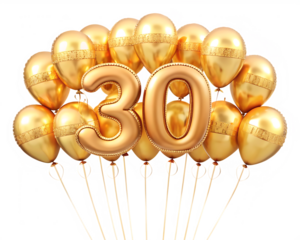 Golden Balloons Celebrate Thirty Years Anniversary isolated on white background ,PNG. AI Generated.