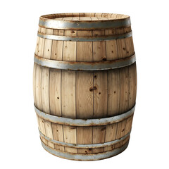 A rustic weathered wooden barrel with metal hoops showcasing aged wood grain and texture isolated on a dark background evoking historical storage and traditional craftsmanship