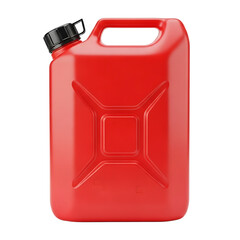 Bright red plastic jerrycan with a black cap and handle isolated on a stark black background a common container for fuel storage and transport