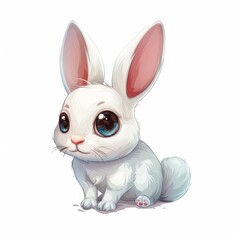 Obraz premium Cute cartoon white baby bunny rabbit sitting and looking curious with big blue eyes, fluffy fur, and pink inner ears