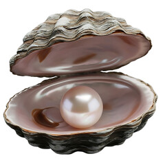 A single lustrous iridescent pearl nestled inside a textured open oyster shell against a dark black background showcasing natural beauty and elegance