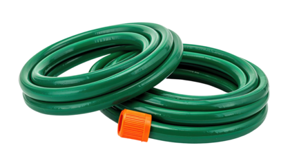 Two green, coiled garden hoses with orange cap. Clean, isolated against a black background. Low perspective close up