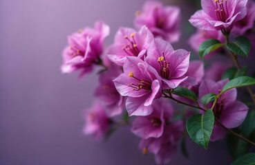 Fototapeta premium Vibrant purple bougainvillea flowers bloom with delicate petals. Bright yellow stamens emerge from center. Green leaves contrast against soft purple background. Botanical close up shows fresh,