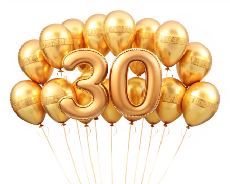 Golden Balloons Celebrate Thirty Years Anniversary isolated on white background ,PNG. AI Generated.