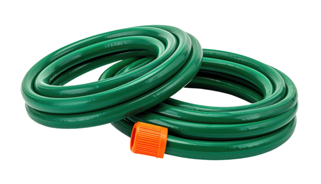 Two green, coiled garden hoses with orange cap. Clean, isolated against a black background. Low perspective close up
