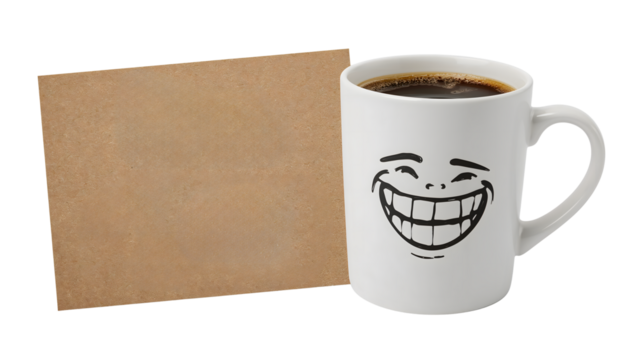 Coffee mug with smiling face next to blank brown card on the transparent background  happy morning concept, minimal design, positive energy, workspace inspiration