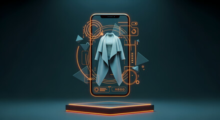 A digital representation of a stylish coat emerges from a smartphone, showcasing fashion and technology integration in a futuristic concept.