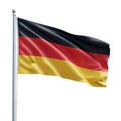 The german flag with black red and gold horizontal stripes waves proudly on a metal flagpole against a pure black background