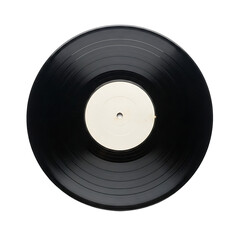 High angle studio shot of a vintage black vinyl record with a blank white label isolated on a stark black background
