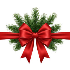A vibrant red satin ribbon tied in a festive bow around a lush green fir tree branch perfect for holiday decorations