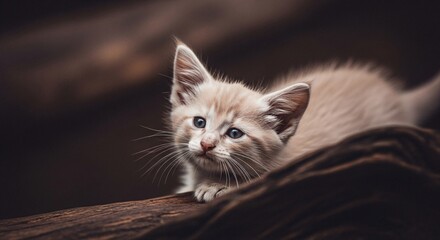 Close up of a curious kitten with light fur and attentive gaze