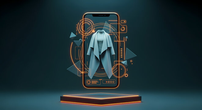 A digital representation of a stylish coat emerges from a smartphone, showcasing fashion and technology integration in a futuristic concept.
