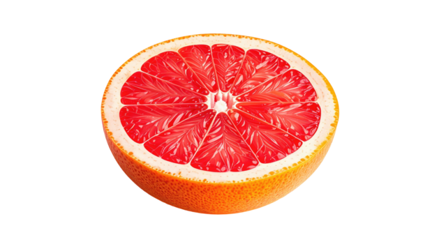 Cross-section of a bright pink grapefruit with a white pith against a black background
