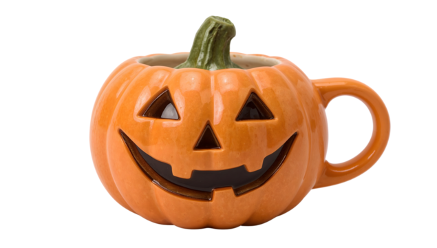 Ceramic pumpkin mug with jackolantern face handle isolated on the transparent background for halloween and autumn festivities