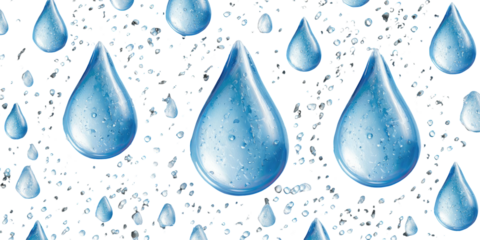 Pattern of blue, transparent teardrop shapes with gradients and scattered, tiny water droplets on a black background