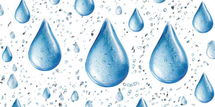 Pattern of blue, transparent teardrop shapes with gradients and scattered, tiny water droplets on a black background