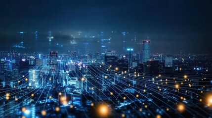 Night cityscape with digital data overlay