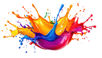 Vividly colored paint splash, radiating upward in vibrant hues, blending into a dynamic, abstract explosion of pigment