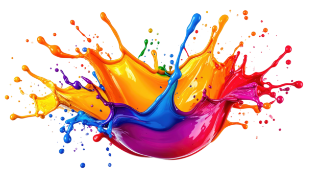 Vividly colored paint splash, radiating upward in vibrant hues, blending into a dynamic, abstract explosion of pigment