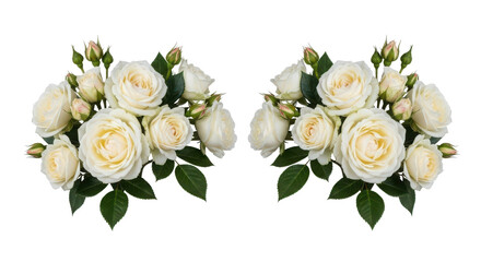 Elegant twin bouquets of delicate white garden roses and green leaves for greeting cards isolated PNG with Transparent Background
